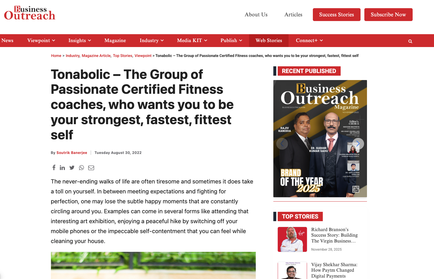 Featured article from Business Outreach about Tonabolic